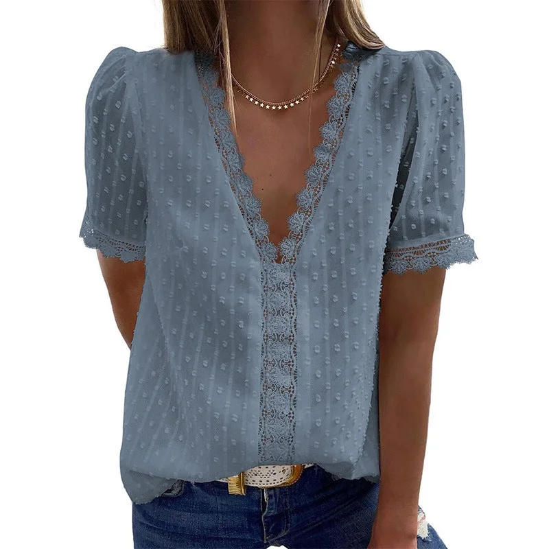 Women's Shirt Pure Color Jacquard V-neck Short Sleeves