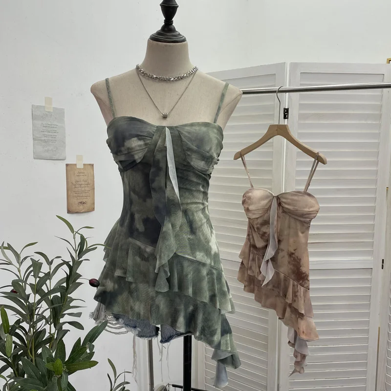 Uveng Real Shooting 2025 Spring And Summer New With Chest Cushions Dyed Mesh Sling Sling Vest Irregular Lotus Leaf Side Top 1139