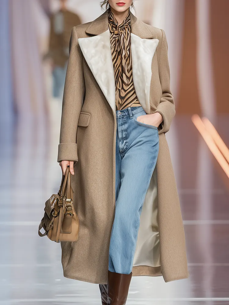 Elegant Urban Vintage Velvet Lapel Long Woolen Coat