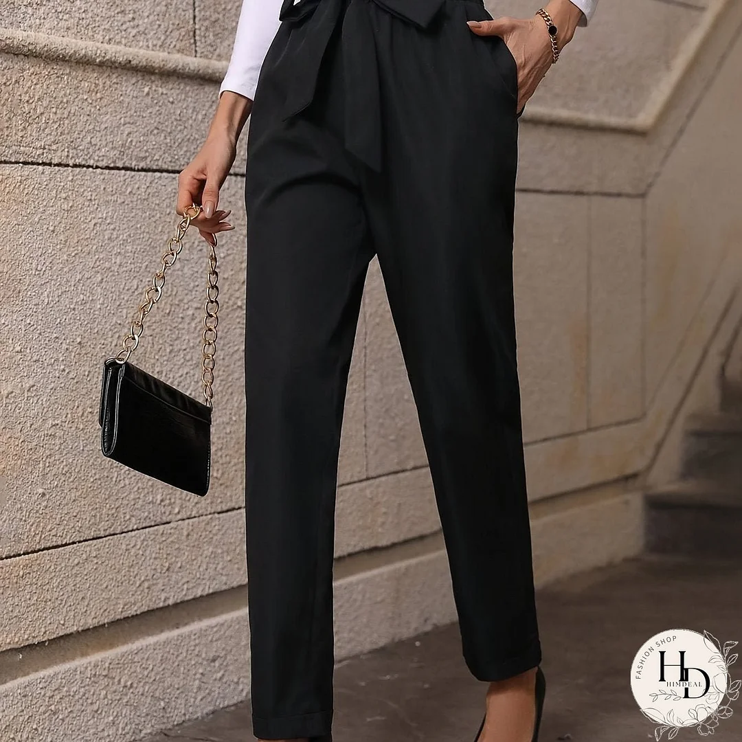 Solid Paper Bag Waist Pencil Pants, Casual Belted Slant Pocket Versatile Pants, Women's Clothing
