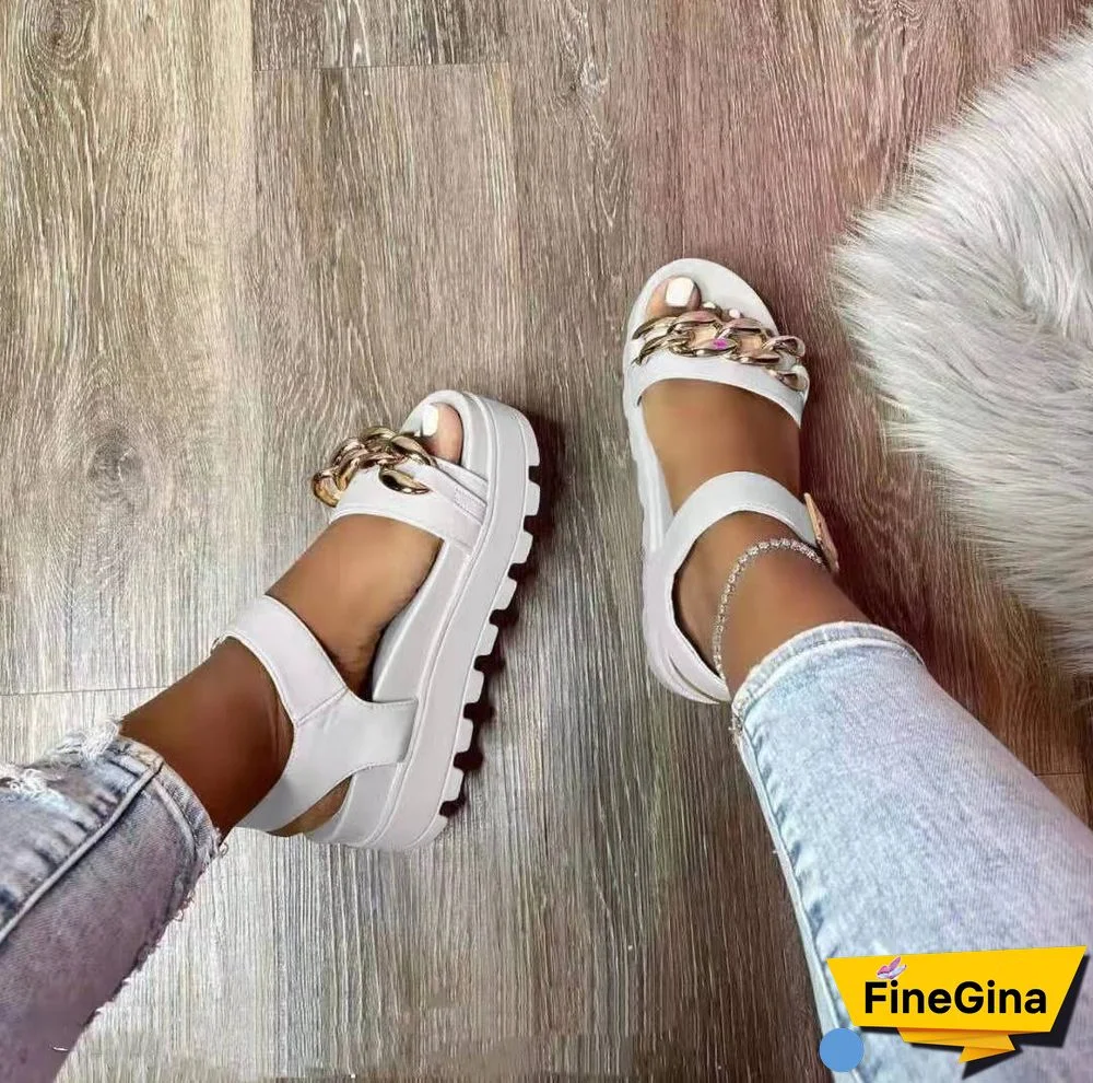Women Medium Heel Comfortable Platform Sandals Ladies Sandals Fashion Chain Beach Casual Buckle Summer Sandals Large Size 35~43