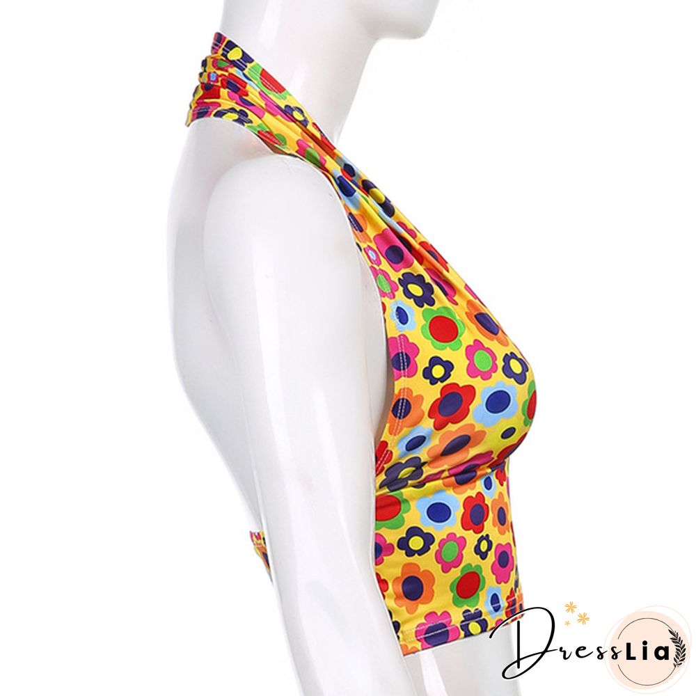 Women Halter Deep V Neck Sleeveless Crop Top Summer Holiday Fashion Floral Print Camisole Backless Vest