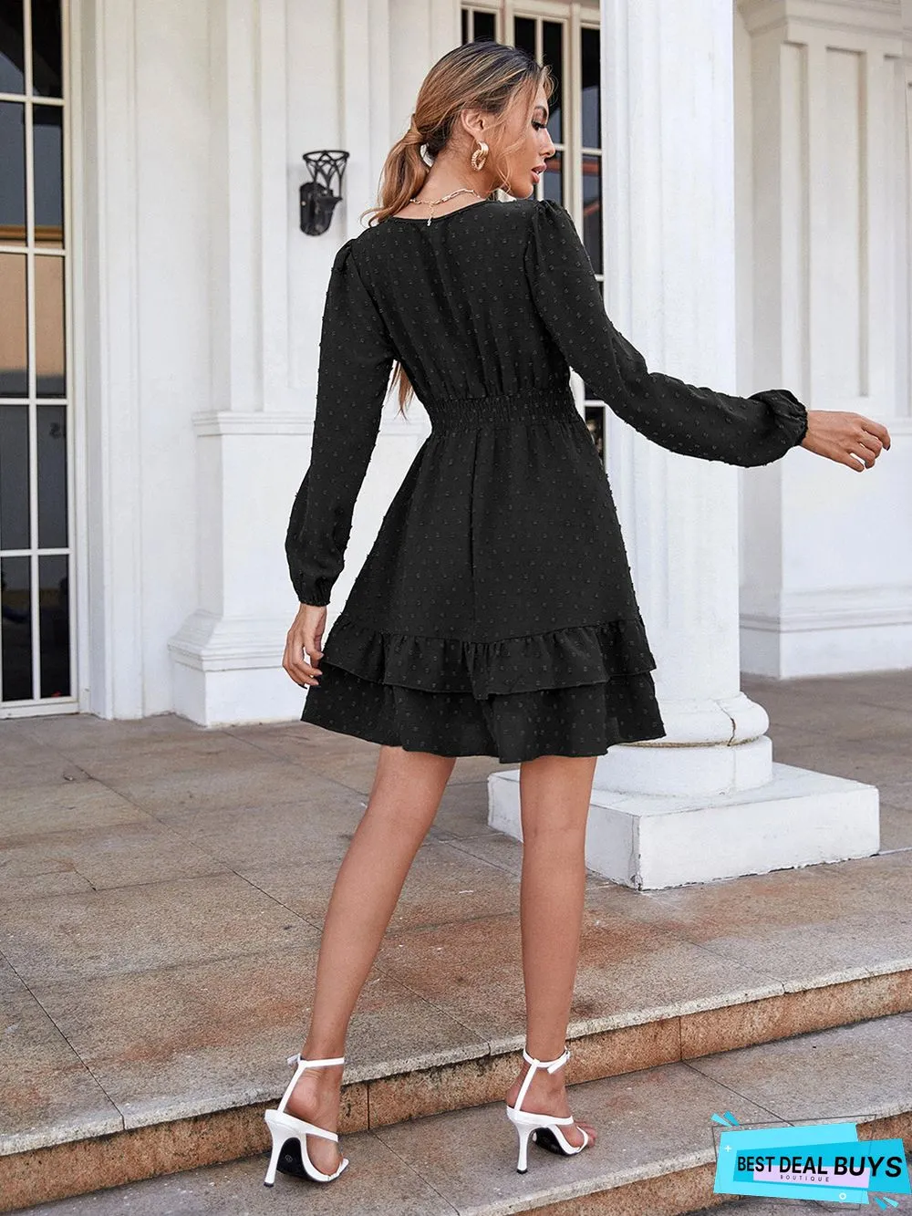 V-Neck Long-Sleeve Flounces Trim Commuter Dress For Women