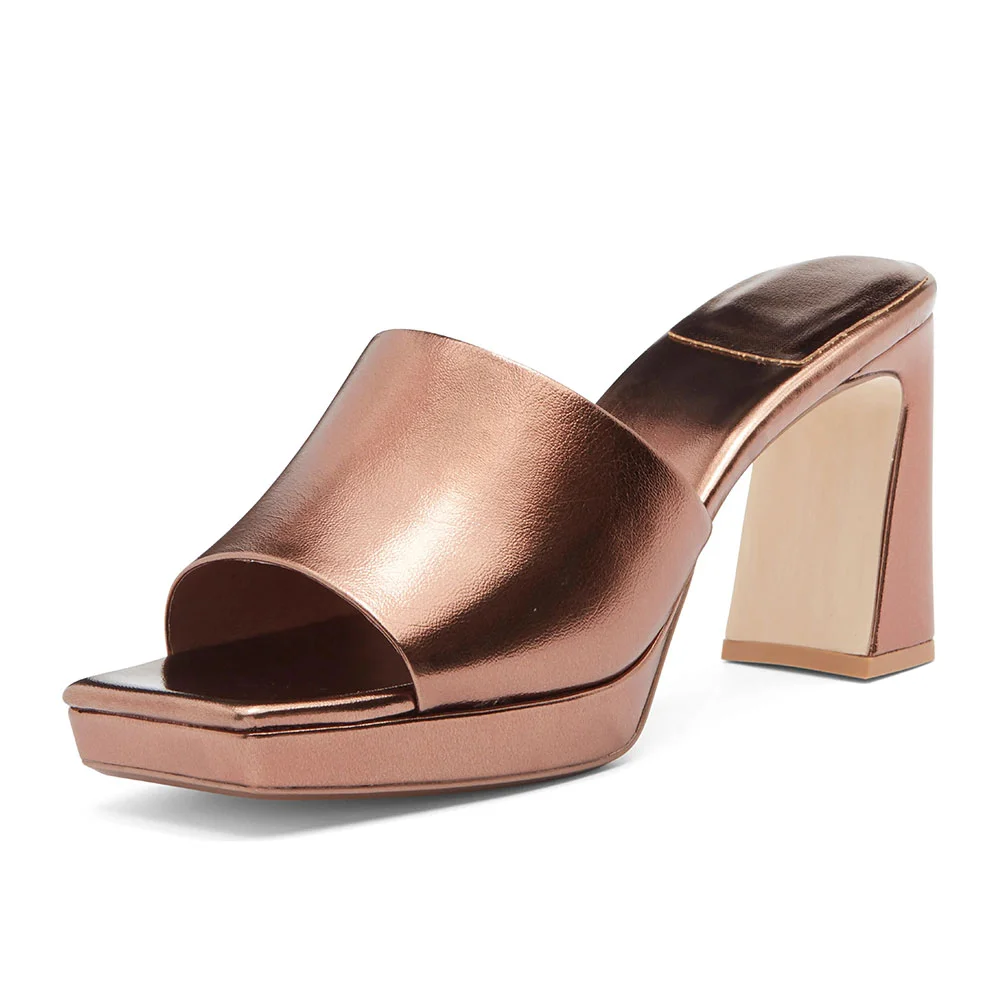 Bronze Wide Strap Chunky High Heeled Platform Sandals for Women