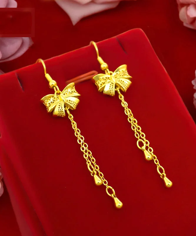 Fashion Gold Sterling Silver Overgild Bow Tassel Drop Earrings