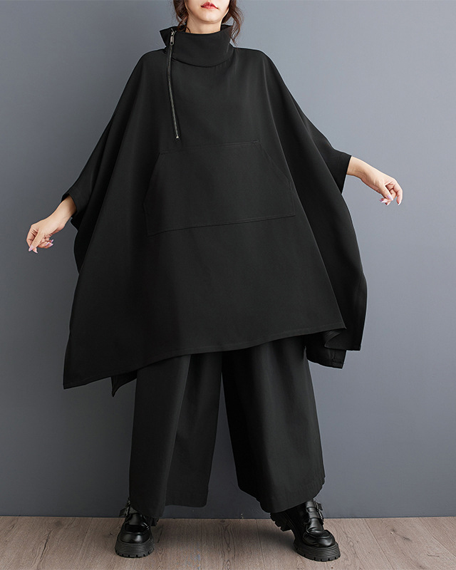 Batwing Sleeve High Neck Asymmetric Zipper Detail Loose Top