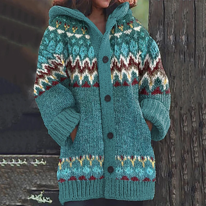 Fairman Island Wave Print Vintage Hooded Sweater Cardigan