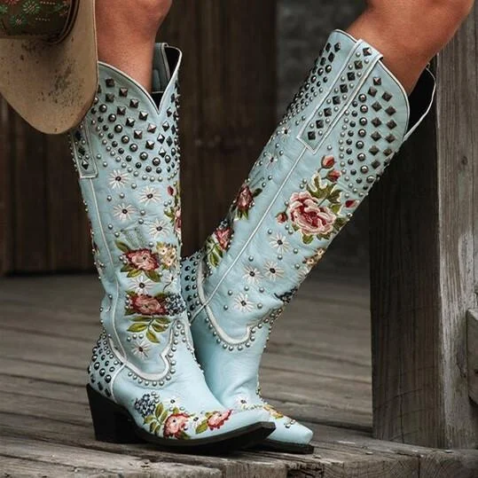 Women Retro Flower Printed High Boots