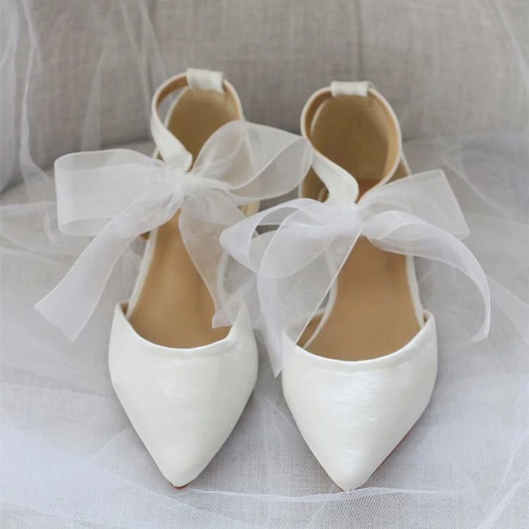 White Satin Pointed Toe Bow Ankle Strap Wedding Flats |FSJ Shoes