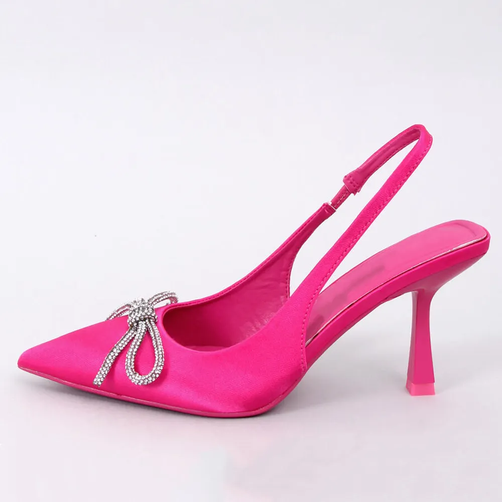 Hot Pink Satin Closed Pointed Toe Slingback Bow Pumps With Stiletto Heels