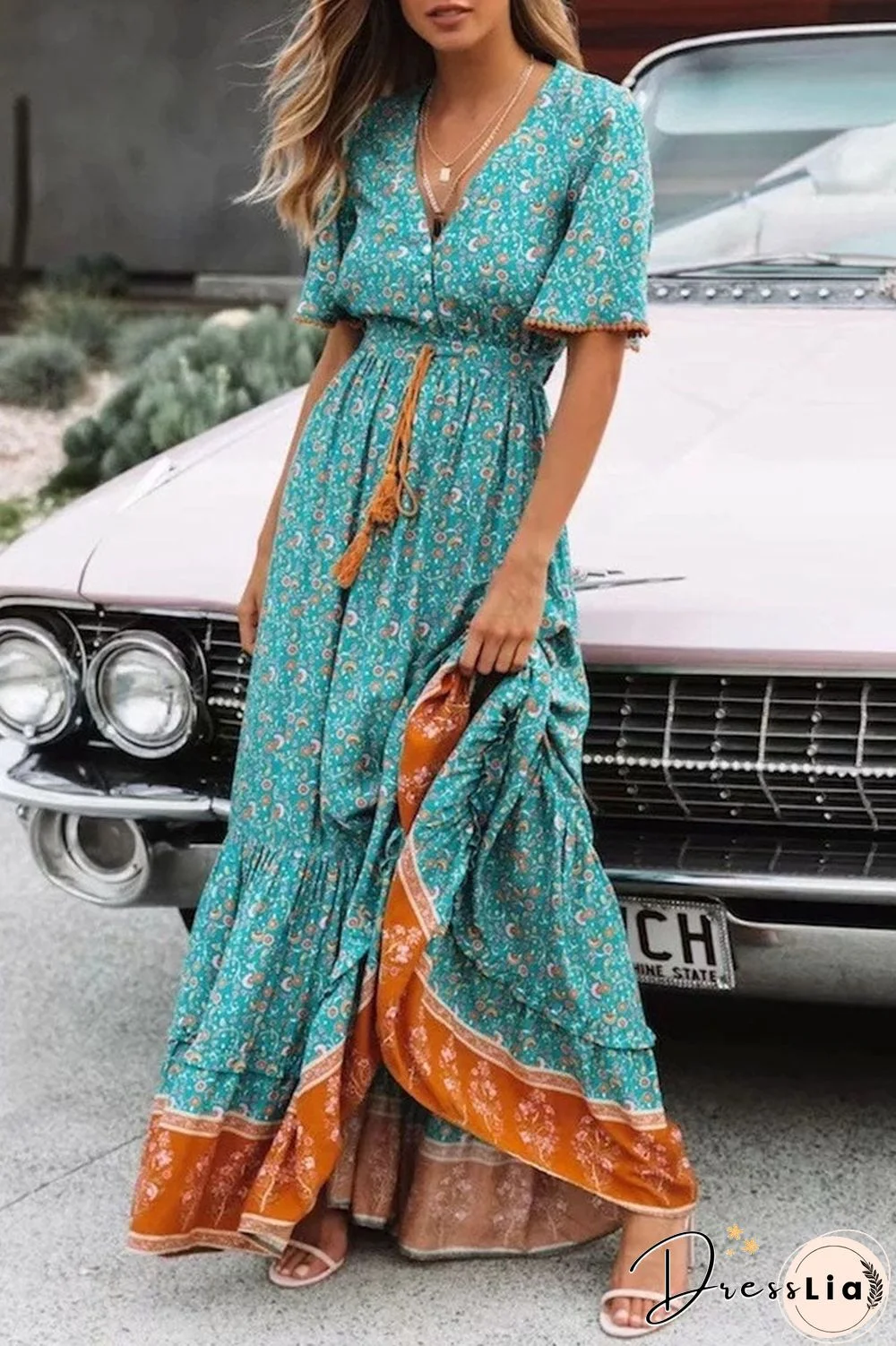 Fashion Elegant Print Split Joint V Neck Printed Dresses