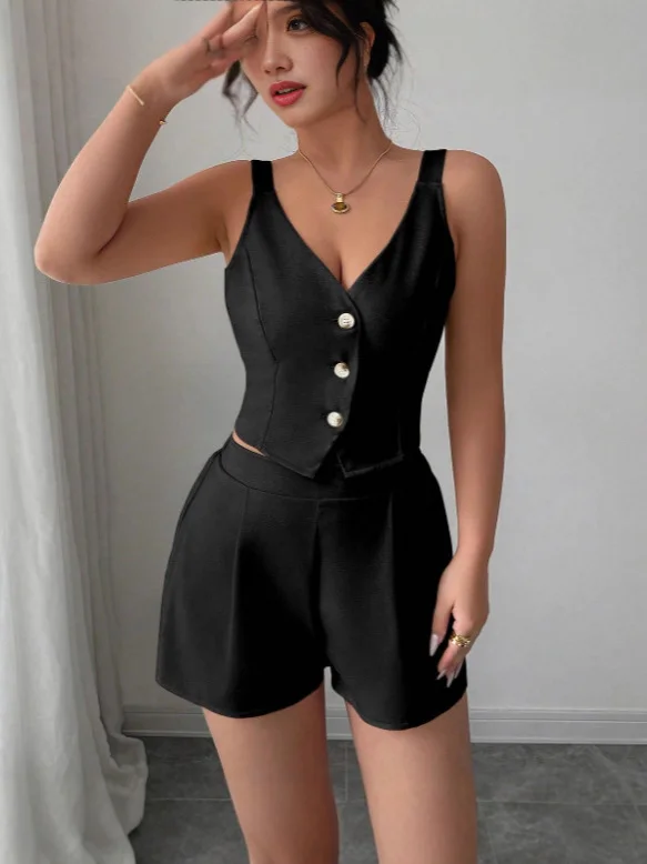 Nigikala Nigikala Temperament Thin Commuter Vest Shorts Solid Color Two-Piece Set