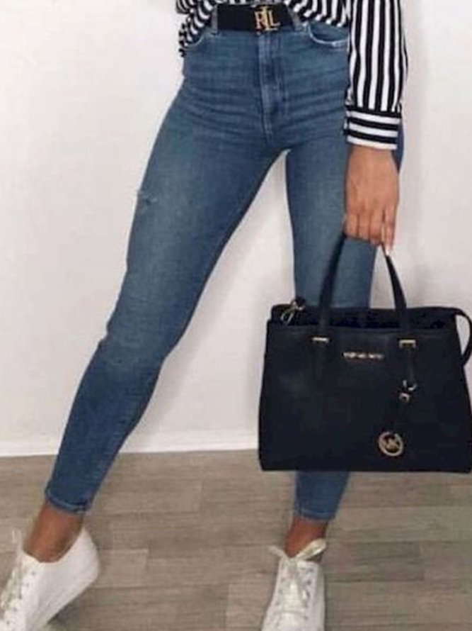 Blue Plain Casual Pants