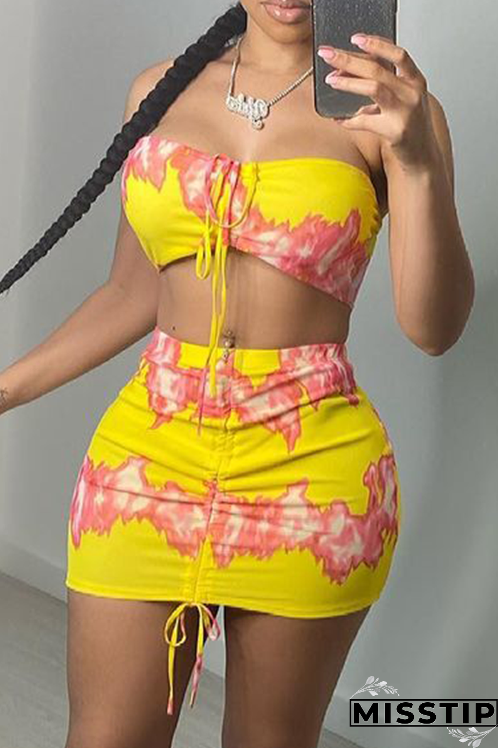 Blue Sexy Print Bandage Patchwork Strapless Sleeveless Two Pieces