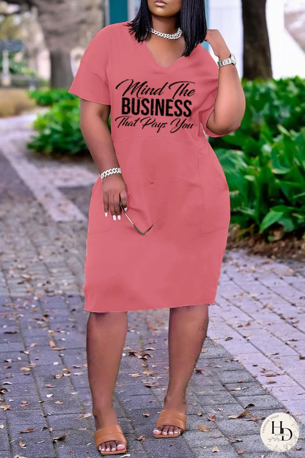 Pink Fashion Casual Letter Print Basic V Neck Short Sleeve Dress