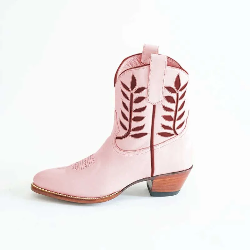 Pink & Brown Vintage Cowgirl Boots Chunky Heel Embroidered Booties  Nicepairs