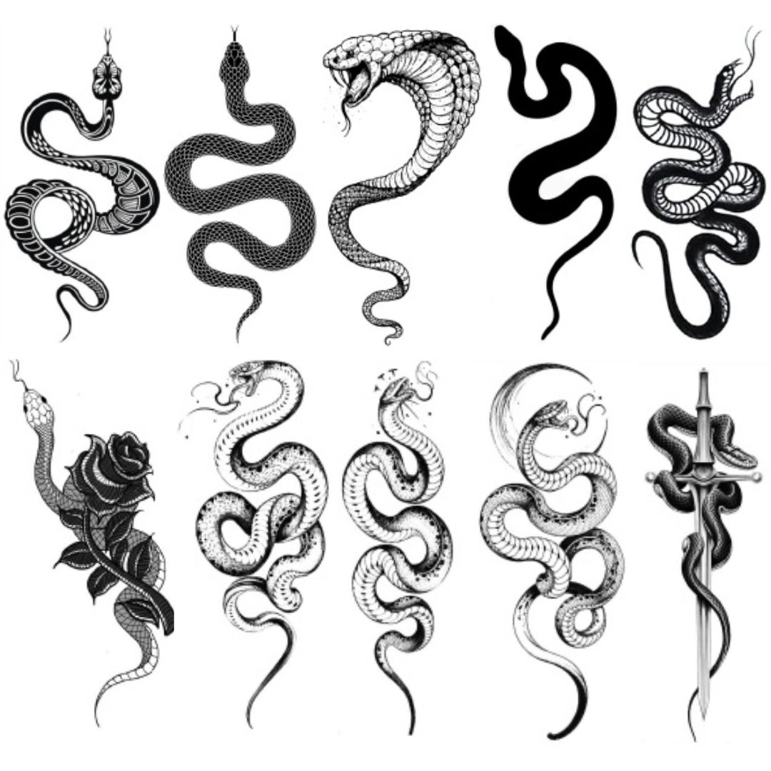 10 Sheets Large Snake Rose Sword Waterproof Temporary Tattoo