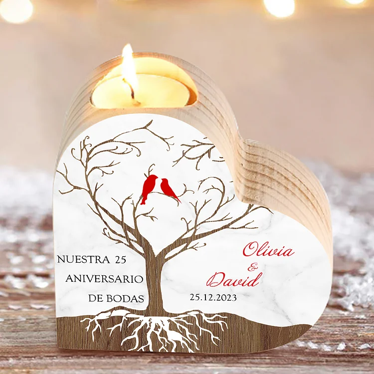 Aniversario de boda-Candelero de madera para pareja con pájaros de amor sin vela personalizado con nombres, fecha y número