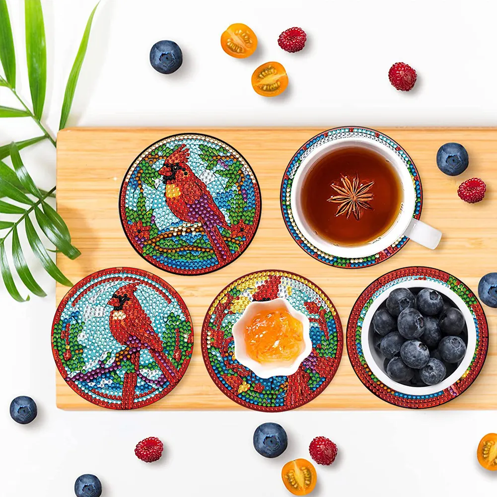 8pcs DIY Stained Glass Cardinal Diamond Painting Coasters Kits Acrylic Full Drill Coaster Single Side Diamond