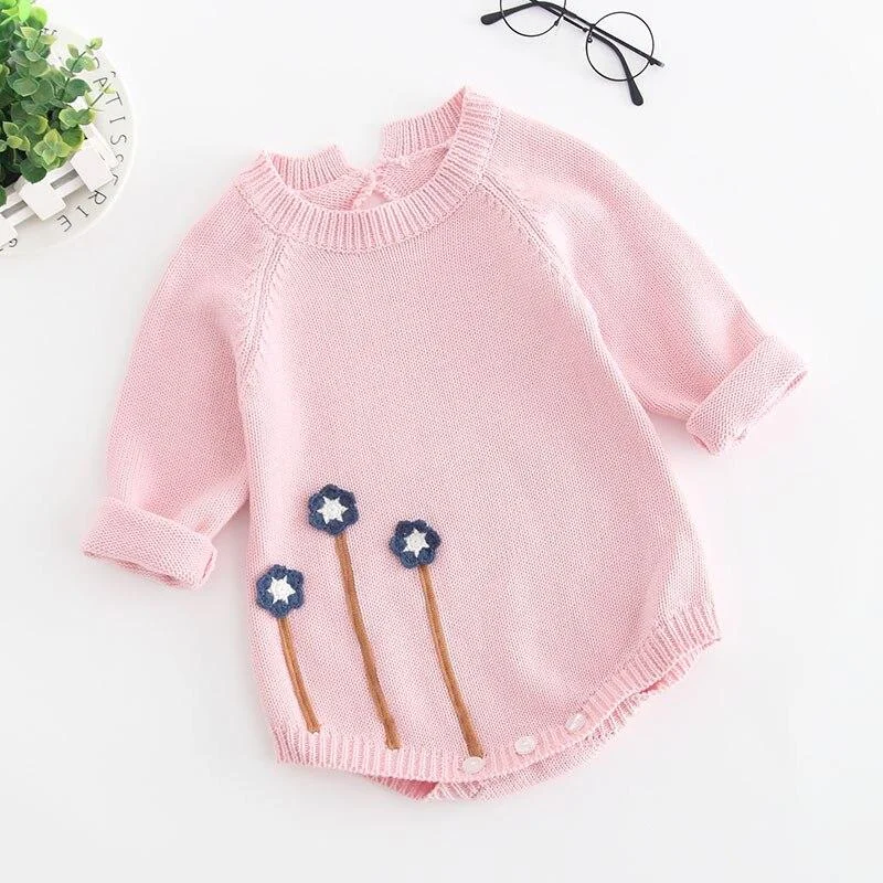 Baby Girls Knitted Bodysuit 2021 Spring Infant Newborn Long Sleeve Solid Ruffled Jumpsuit Outfit Set Baby Spring Autumn Clothing