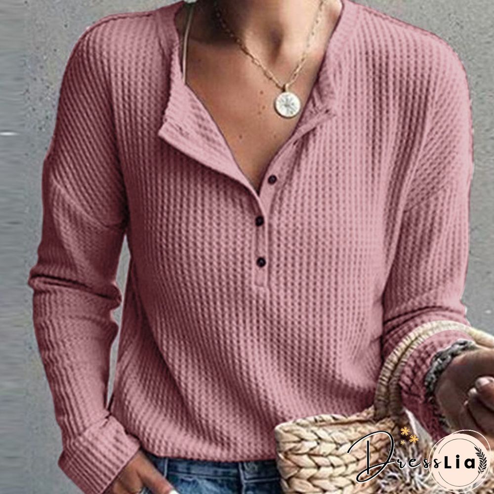 ZANZEA Women Long Sleeve Henley Waffle Top Spring Autumn Casual Slim Blouse
