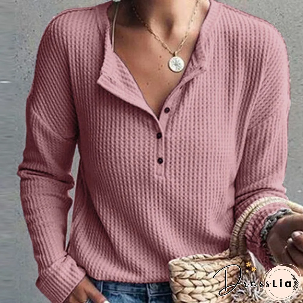 ZANZEA Women Long Sleeve Henley Waffle Top Spring Autumn Casual Slim Blouse