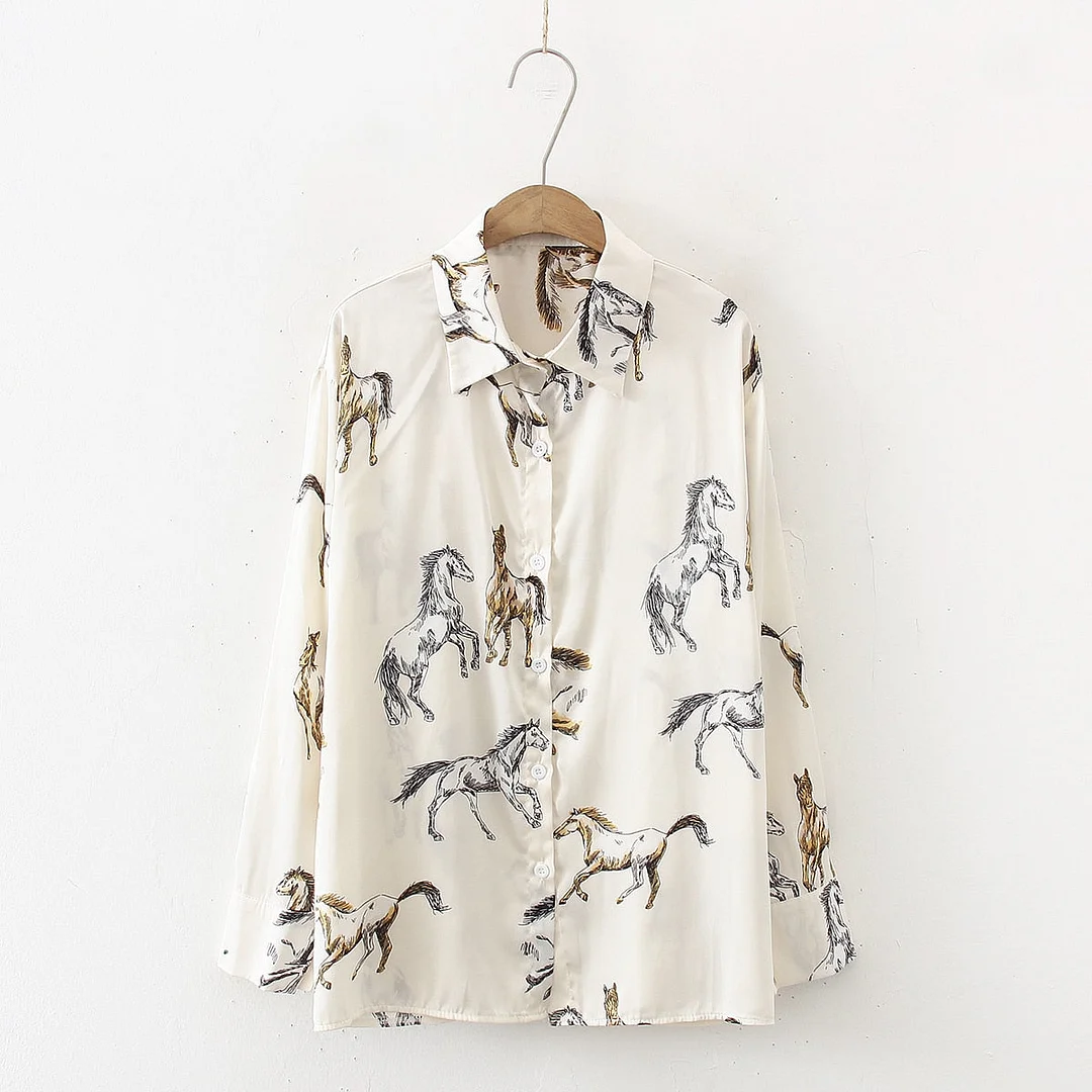 New Women Vintage Animal Horse Print Satin Blouse Full Sleeve Button Up Turn Down Collar Shirt Casual Office Lady Autumn Tops T1