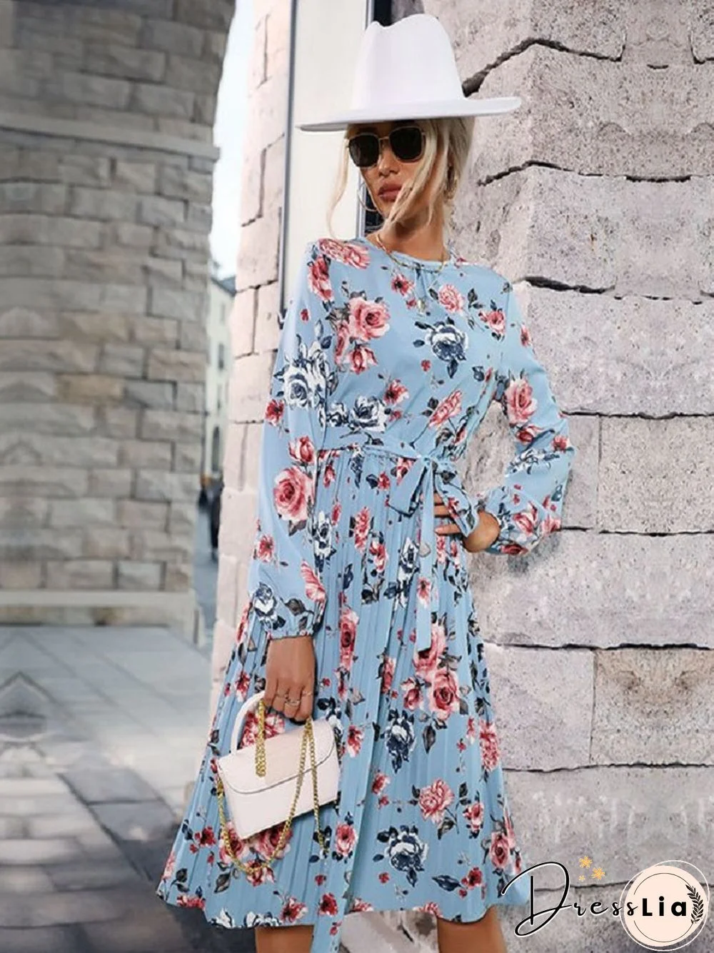 Crew Neck Pleated Blue Print Dress