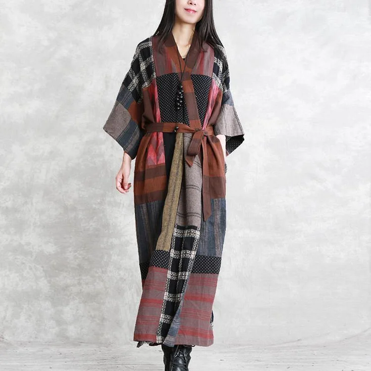 2019 gray autumn linen dress oversize patchwork traveling clothing women long sleeve tie waist autumn dress