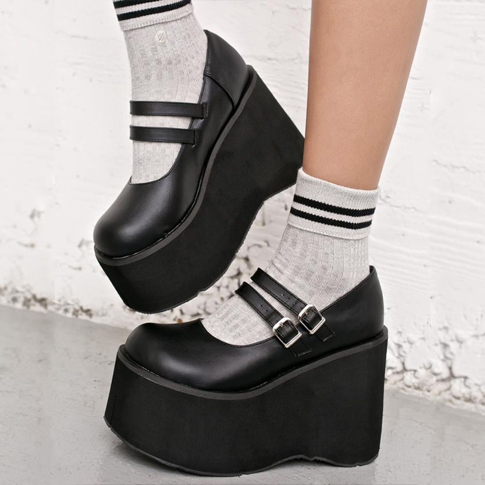 Black Vegan Leather Closed Toe Wedge Heel Platform Pumps with Buckle Nicepairs