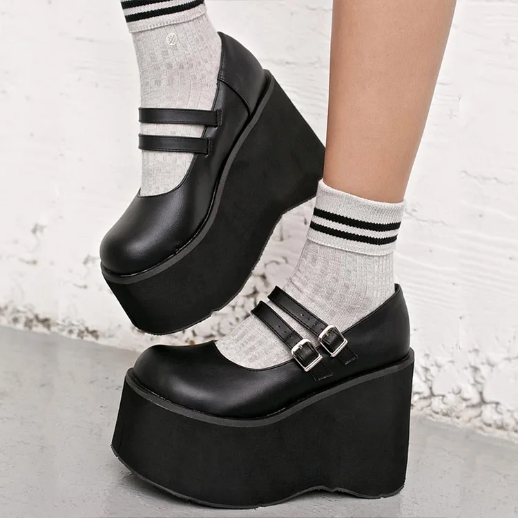 Black Double Strappy Round Toe Wedge Pumps Vdcoo