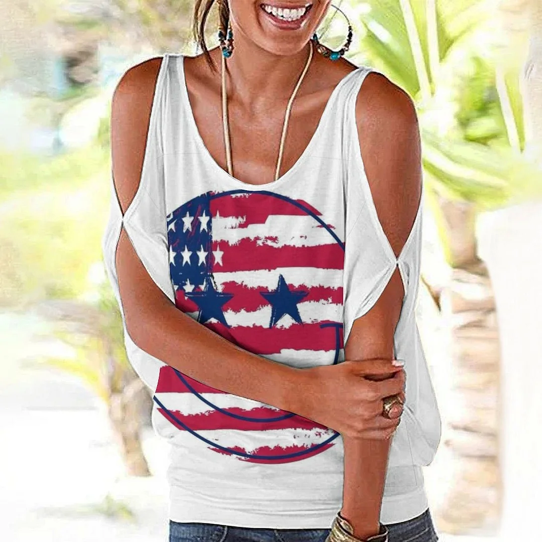 Shoulder Off  Loose Short Sleeve Casual T-shirt for Women Printed with Pattern USA, Independence Day, Star, Striped, Blue, Red