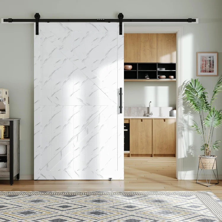 Bestier 36in x 84in MDF Sliding Barn Door with 6.6FT Hardware Kit & Handle Included, Solid Barn Door Slab Covered with Water-Proof PVC Surface, Easy Install, K-Frame, White Marble