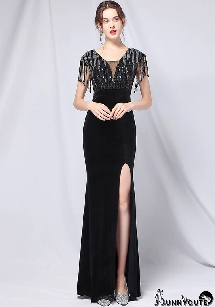 Summer Formal Black Sequins Upper V-Neck Tassels Slit Evening Dress