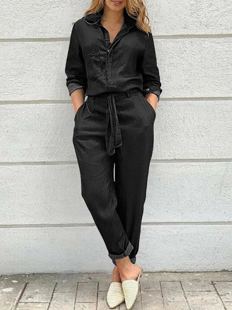 Women Solid Color Button Front Camp Collar Daily Jumpsuit