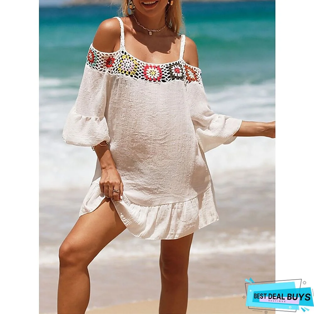 Women's Cover Up Beach Dress Beach Wear Mini Dress Ruffle Backless Ethnic Casual Floral Spaghetti Strap 3/4 Length Sleeve Loose Fit Outdoor Daily Black White 2023 Spring Summer One Size