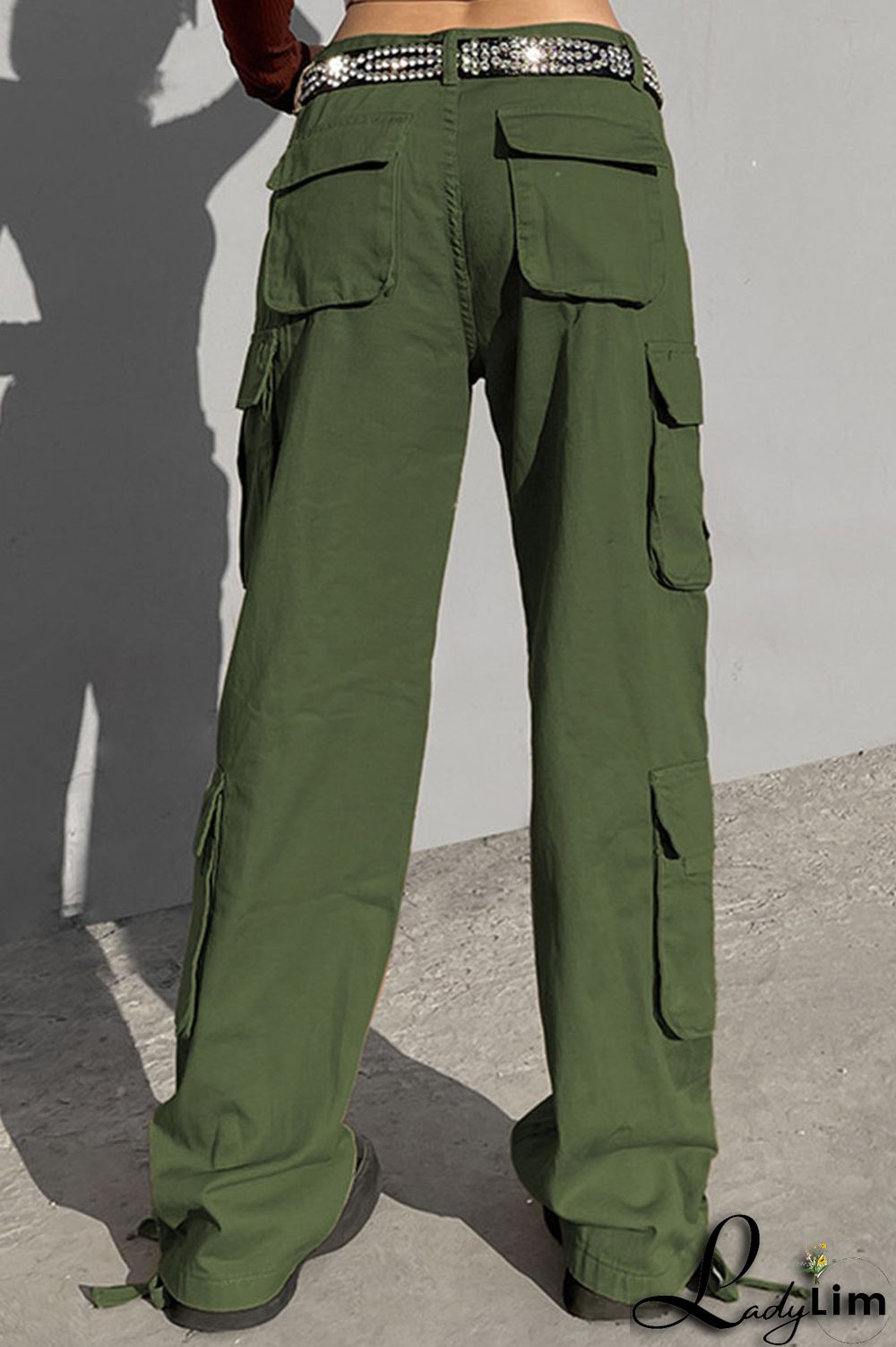 Green Street Solid Patchwork Pocket High Waist Straight Solid Color Bottoms