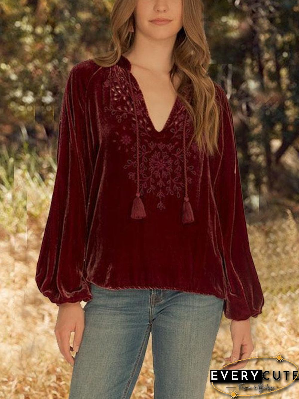 Low-Cut V Neck Red Velvet Top