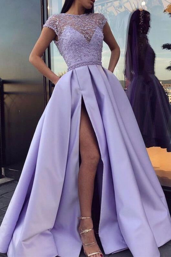 Dresseswow Short Sleeves Lavender Prom Dress Split With Beadings