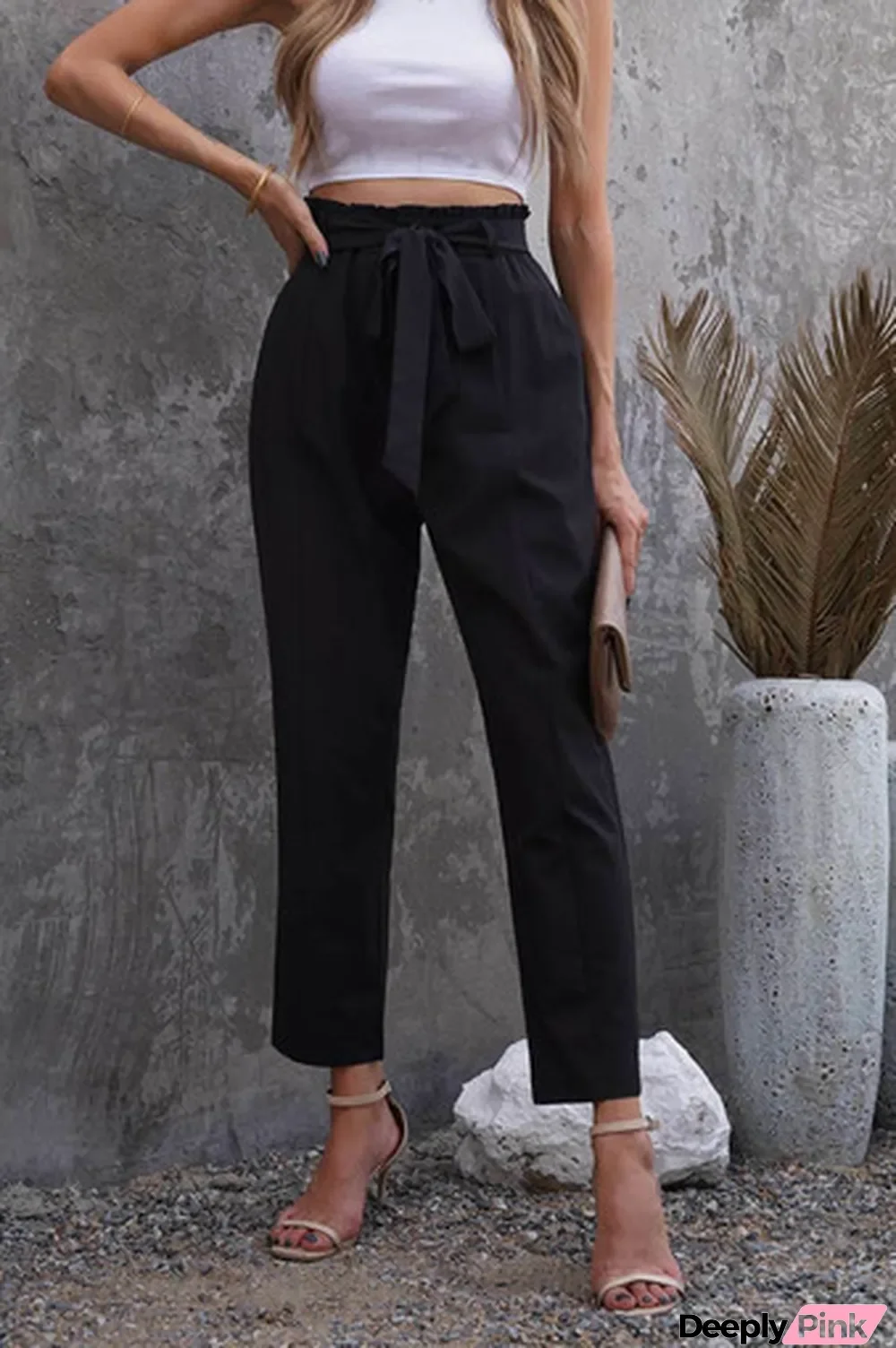 Black Casual Paperbag Waist Straight Leg Pants with Belt