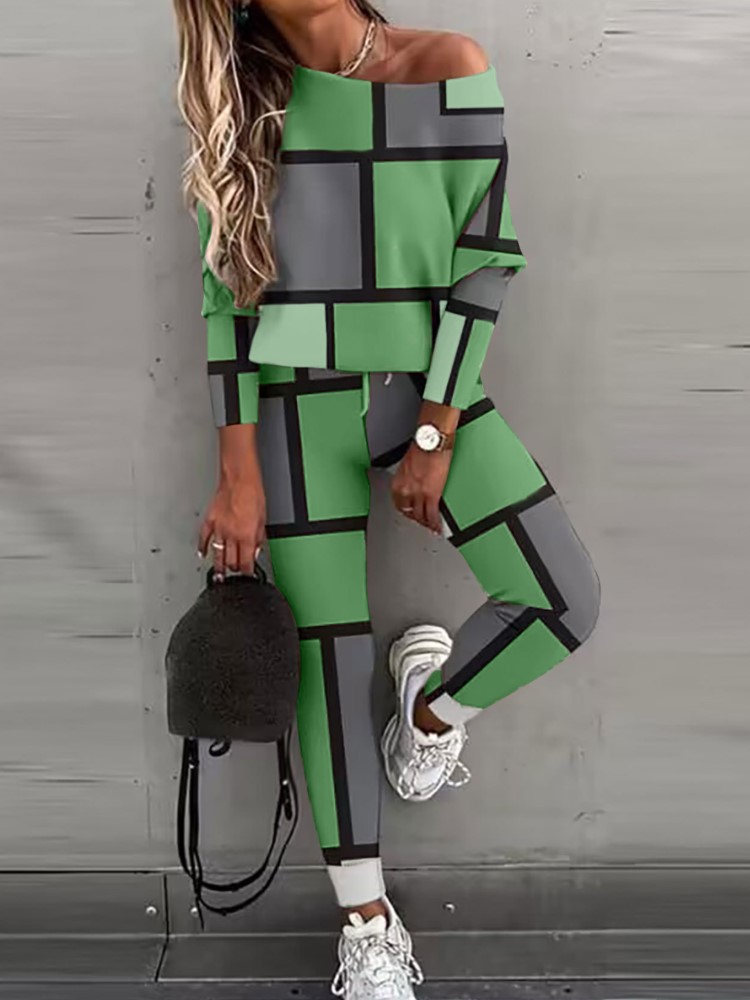 Roigam Autumn Winter New Geometric Printed Women Long Sleeve T Shirt Sports Suit Simple Fashion Lace Up Casual Pants Female 2 Piece Set