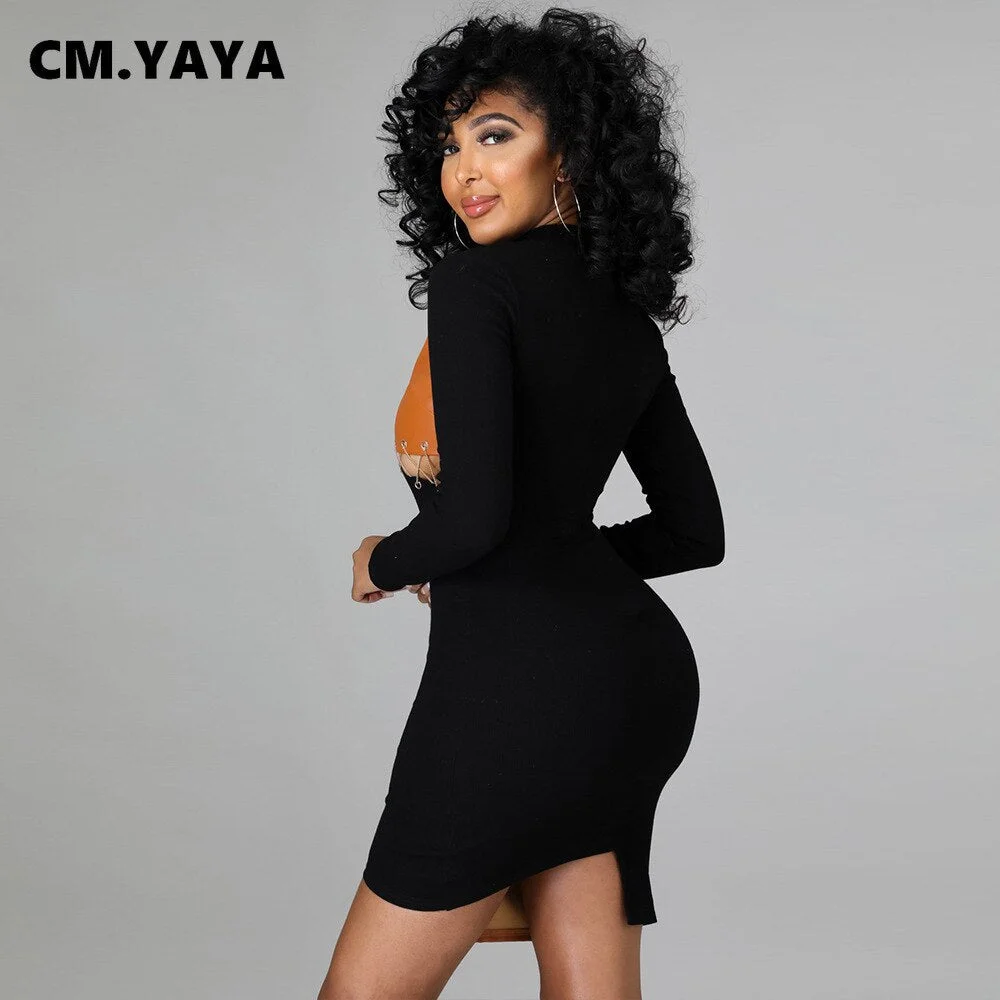CM.YAYA Women Patchwork Faux Leather Long Sleeve Lace Up Irregular Dress Autumn Sexy Night Party Clubwear Bodycon Midi Dresses