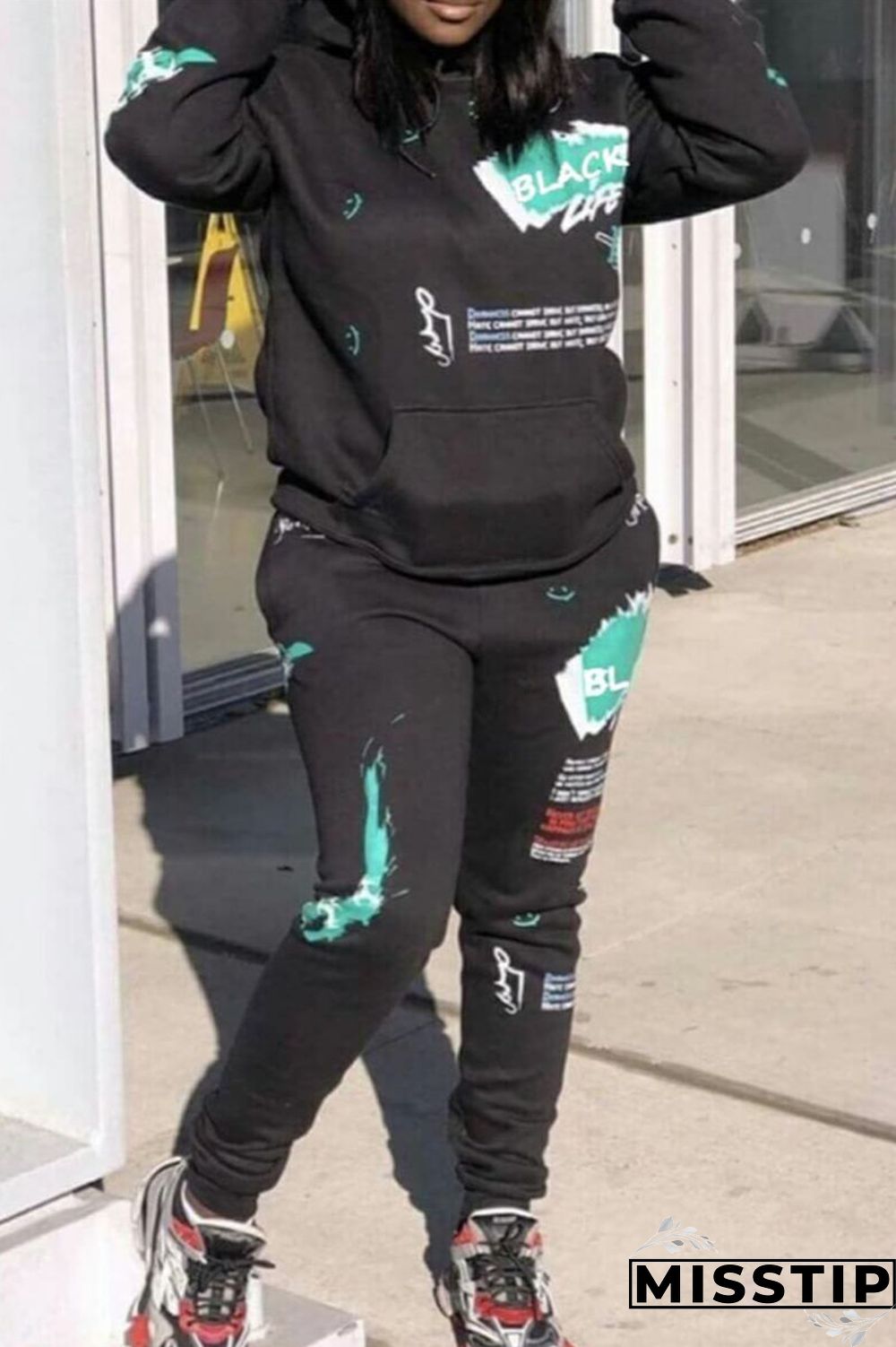 Black Casual Print Patchwork Hooded Collar Plus Size Two Pieces