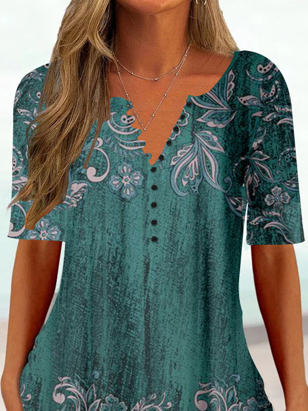 Women Half Sleeve V-neck Floral Printed Tops