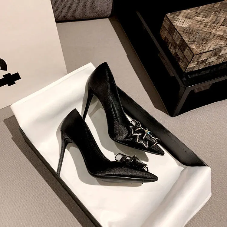 Breakj Breakj Drill Bow High Heels Summer Women's New Wedding Shoes Design French Famous Temperament Niche Pointed Single Shoes Sandals