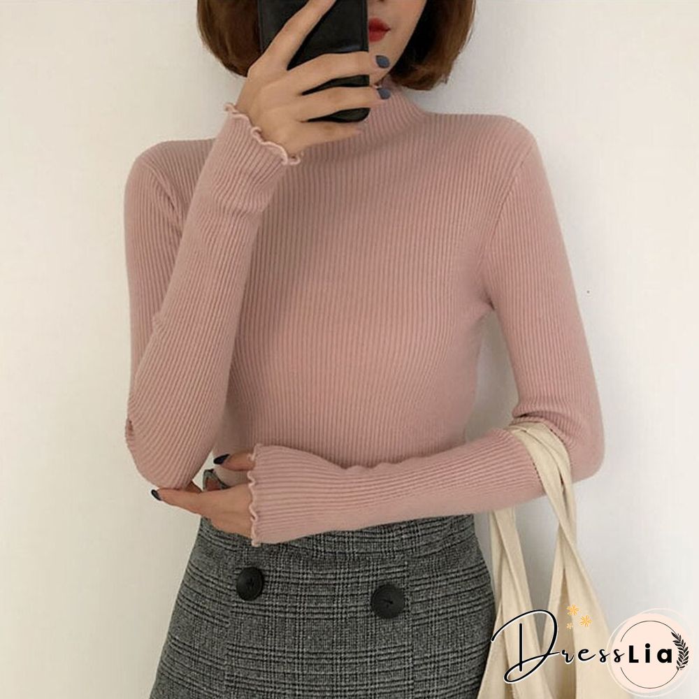 Christmas Gift Womens Sweater Women Knitted Ribbed Pullover Long Sleeve Ruffles Turtleneck