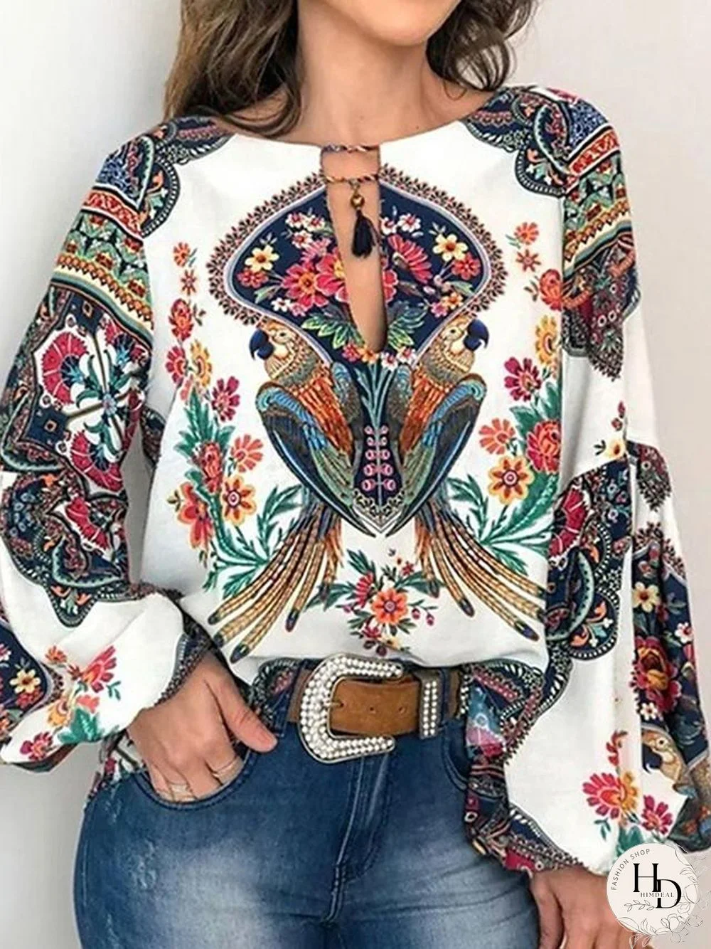 Women's Blouse Shirt Floral Flower Long Sleeve Lace up Print Round Neck Tops Basic Basic Top White Yellow Orange-0203813