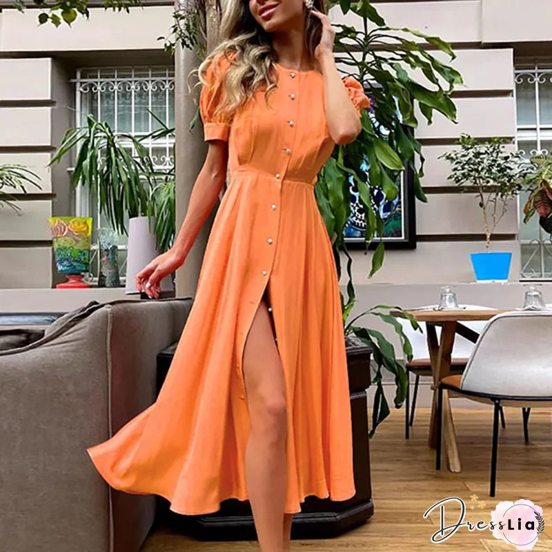 Women Stain Swing Long Dress Belted Puff Short Sleeve V Neck Loose Casual Party Cocktail Dress Vestidos