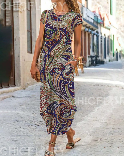 Casual Vintage Paisley Print Holiday Midi Dress