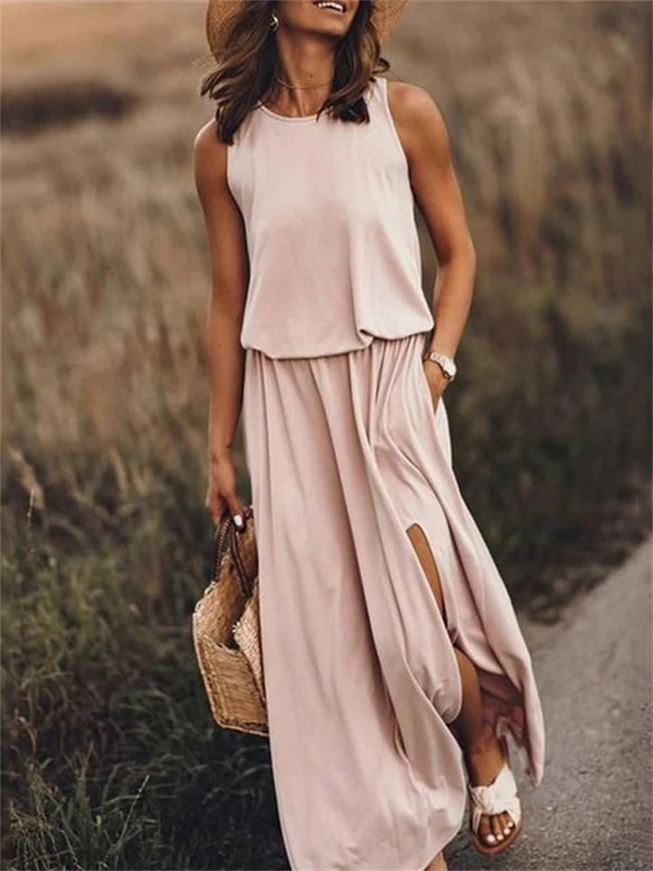 Spring and Summer New European Women's Round Neck Sleeveless Dress Open Solid Color Casual Commuter Long Dress